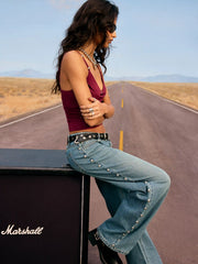 Cider Denim Low Rise Metal Detail Straight Leg Jeans