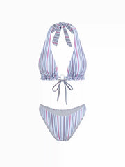 High Stretch Striped Halter Neck Ruched Ring Detail Bikini Set
