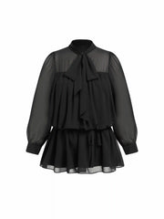 Chiffon Leopard Stand Collar Ruffled A-line Mini Dress Curve & Plus