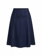 Stretch Denim Washed Mid Rise Oversized Midi A-Line Skirt