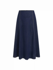 Stretch Denim High Rise Washed Pleated A-line Flare Midi Skirt