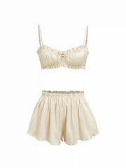Satin Sweetheart Ruched Bralette & High Rise Wide Leg Shorts Loungewear Set
