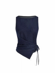 Washed Denim Boat Neck Wrap Tie Waist Asymmetrical Hem Vest