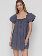Cotton-blend Gingham Shirred High Rise Mini Dress