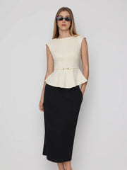 Cotton Cinched Waist Top With Metal Button & Mid Rise Midi Skirt Set
