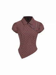 Cotton Plaid Puff Sleeve Asymmetrical Blouse