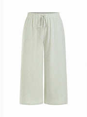 Cotton-blend Boat Neck Striped Beaded Wrap Top & Mid Rise Wide Leg Trousers Set Curve & Plus