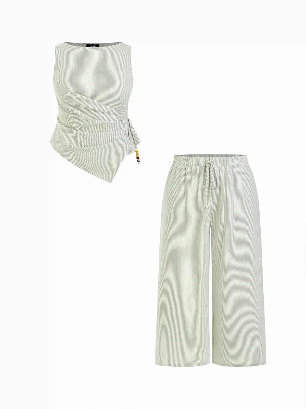 Cotton-blend Boat Neck Striped Beaded Wrap Top & Mid Rise Wide Leg Trousers Set Curve & Plus