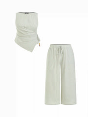 Cotton-blend Boat Neck Striped Beaded Wrap Top & Mid Rise Wide Leg Trousers Set Curve & Plus