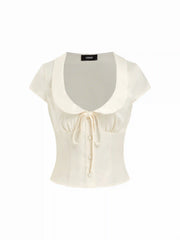 Satin Peter Pan Collar Knotted Crop Blouse