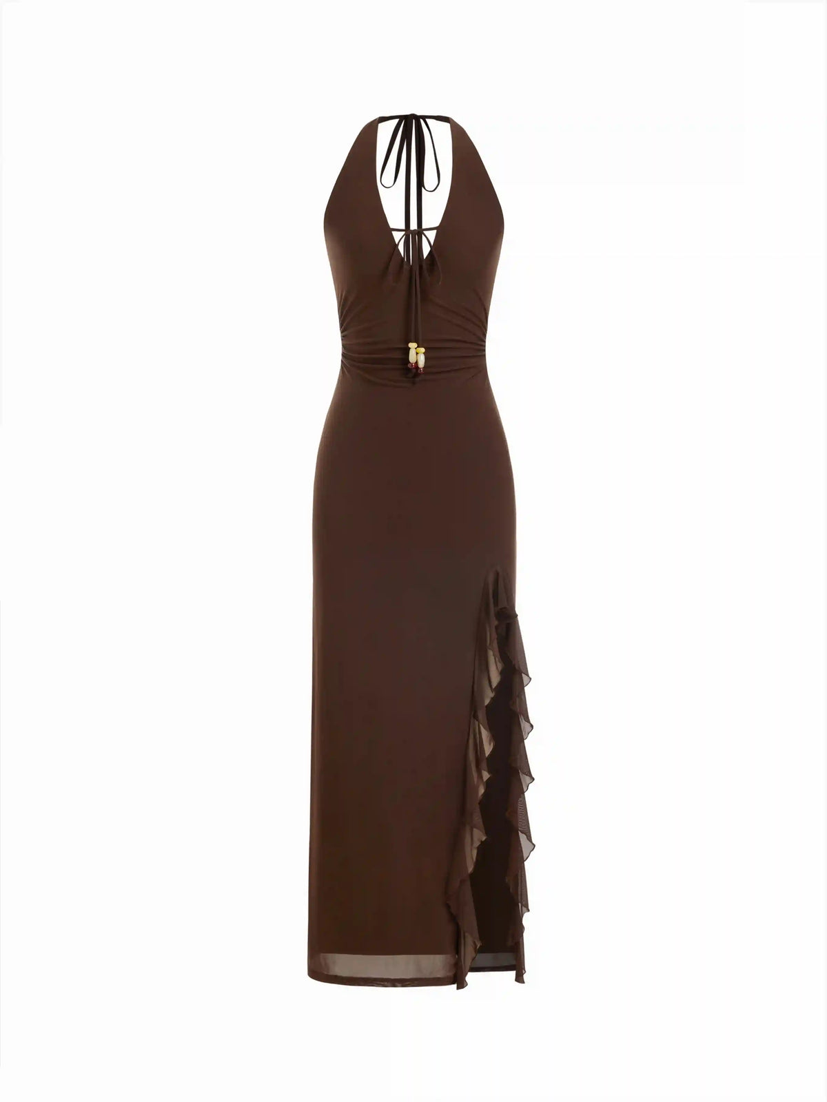 Chiffon Halter Neckline Knotted Ruffled Straight Maxi Dress