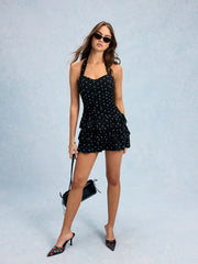 Cotton-blend Halter Neckline Polka Dot Ruched Layered Mini Dress