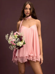 Sequin V-Neck Halter Ruffled Hem Oversized Mini Dress With Scarf