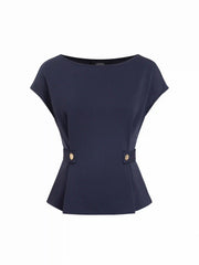 Boat Neck Metal Button Top & Mid Rise Pleated Straight Leg Trousers Set