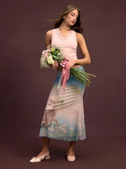 Mesh Oil Painting Mid Rise Lettuce Trim Mermaid Maxi Skirt