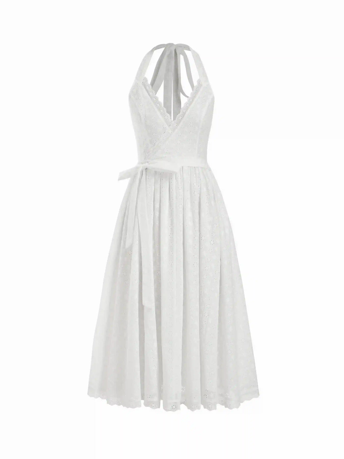 100% Cotton Textured Halter Neck Broderie Anglaise Wrap Flared Midi Dress