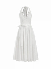 100% Cotton Textured Halter Neck Broderie Anglaise Wrap Flared Midi Dress