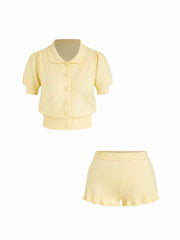 Knit Peter Pan Puff Short Sleeve Top & Low Rise Ruffled Shorts Set
