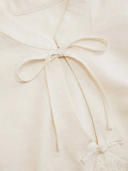 Cotton-blend Stand Collar Puff Sleeve Lace Trim Bowknot Cut Out Blouse