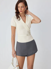 Knit V-neck Wrap Short Sleeve Top With Belt