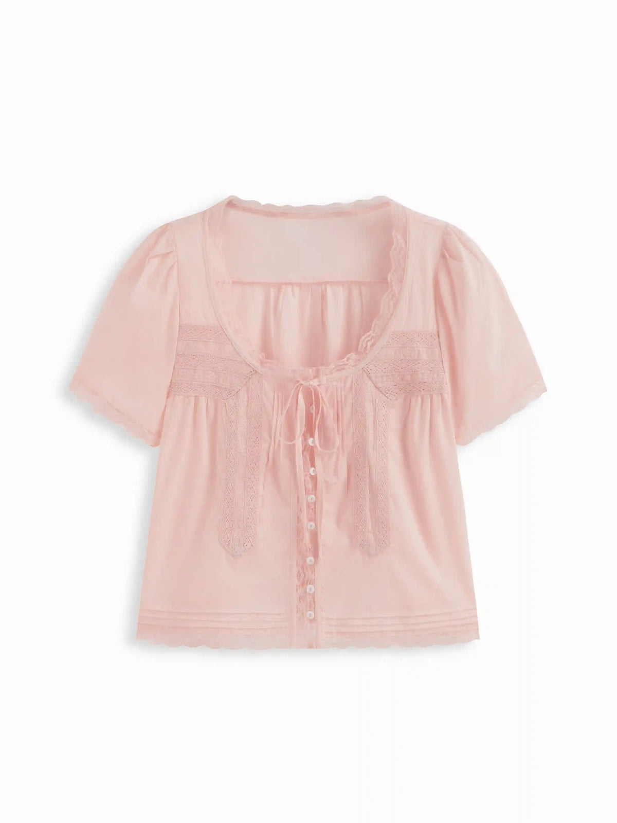 Cotton-blend Scoop Neckline Lace Trim Knotted Puff Sleeve Blouse