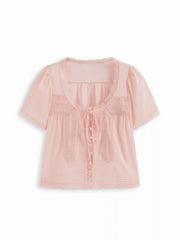 Cotton-blend Scoop Neckline Lace Trim Knotted Puff Sleeve Blouse