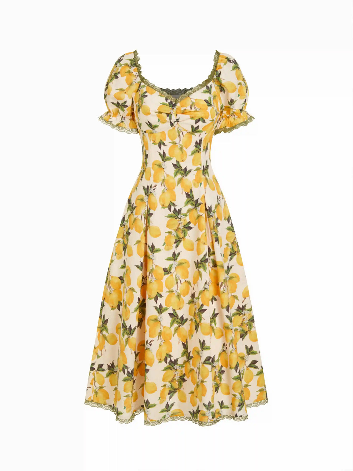 Cotton Lemon Graphic Sweetheart Puff Sleeve Lace Trim Midi Dress