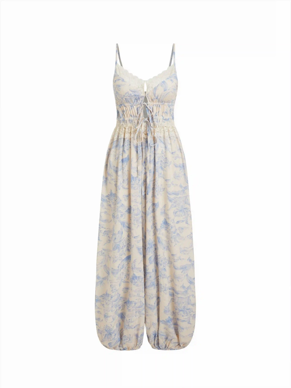 Cotton-blend Floral Sweetheart Cami Lace Trim Drawstring Barrel-leg Jumpsuit