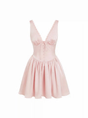 Satin V-neck Lace Panel Flared Mini Dress