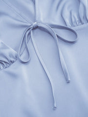 Satin V-neck Ruched Knotted Tie Back Mini Dress