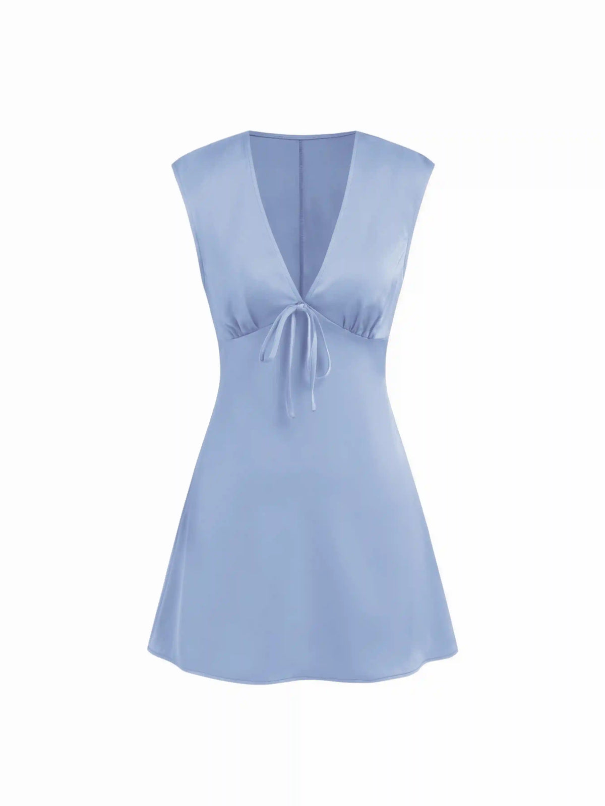 Satin V-neck Ruched Knotted Tie Back Mini Dress