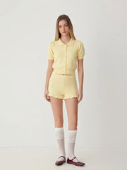 Knit Peter Pan Puff Short Sleeve Top & Low Rise Ruffled Shorts Set