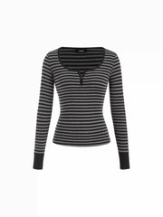 Cotton-blend Stripe Button Long Sleeve Top