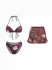 Halter Neckline Leopard & Floral Graphic Knotted Bikini Set With Ruffled Skirt