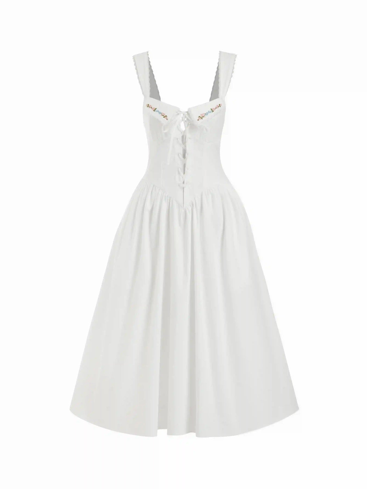 Cotton Sweetheart Floral Embroidery Lace Up Lace Trim Milkmaid Midi Dress