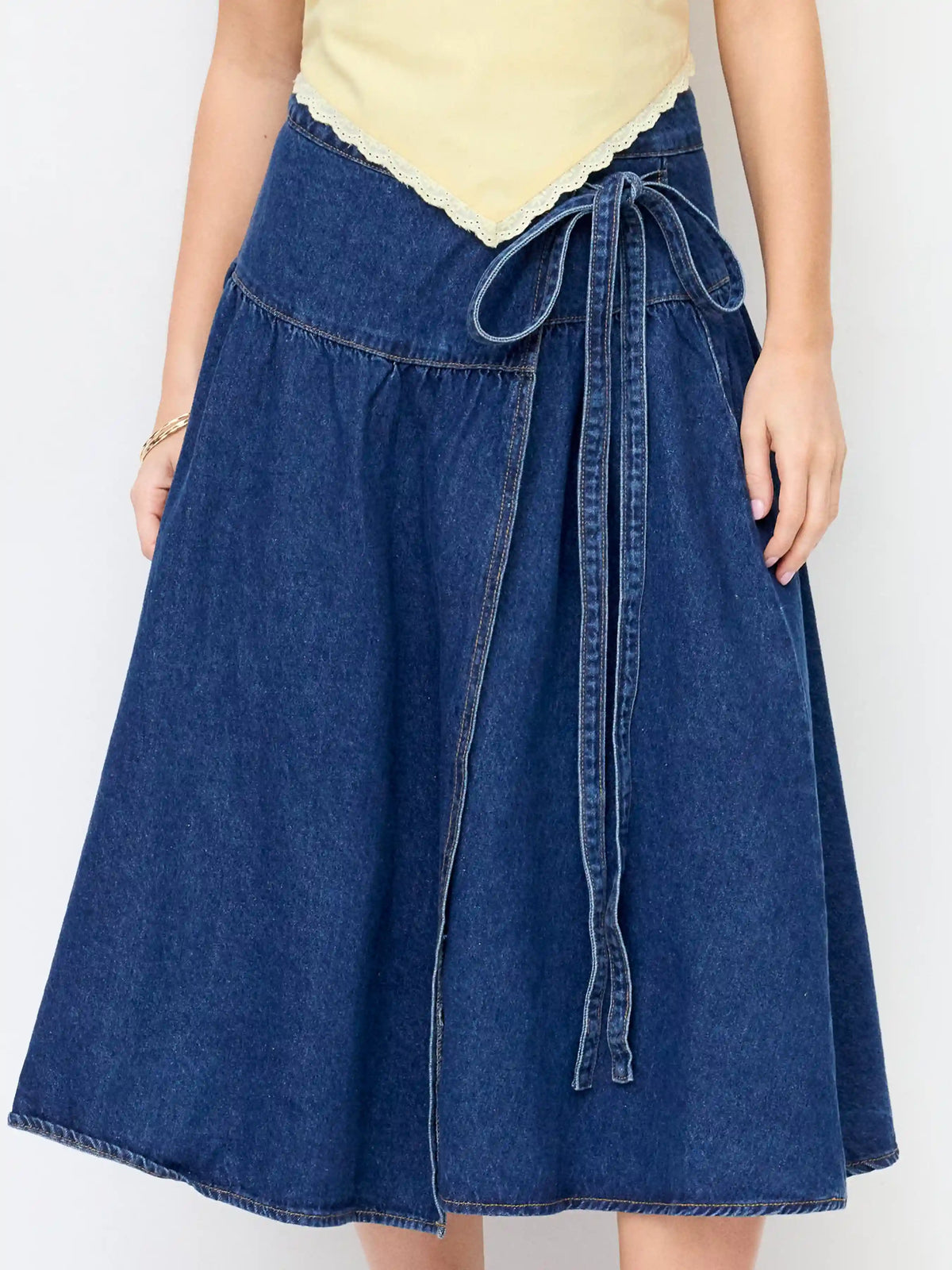 Cider Denim Mid Rise Wrap Tie Side Maxi Skirt
