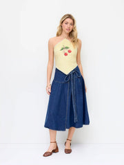Cider Denim Mid Rise Wrap Tie Side Maxi Skirt