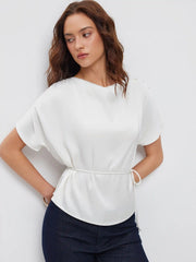 Satin Cowl Neck Metal Detail Tie Waist Blouse