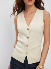 Knit V-neck Metal Button Slim Fit Vest