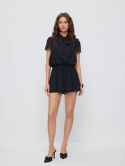 Chiffon Stand Collar Puff Sleeve Bowknot Drawstring Ruffle Romper