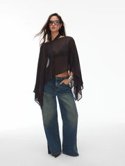 Chiffon Boat Neck Cloak Sleeve See-through Oversized Cape With Scarf