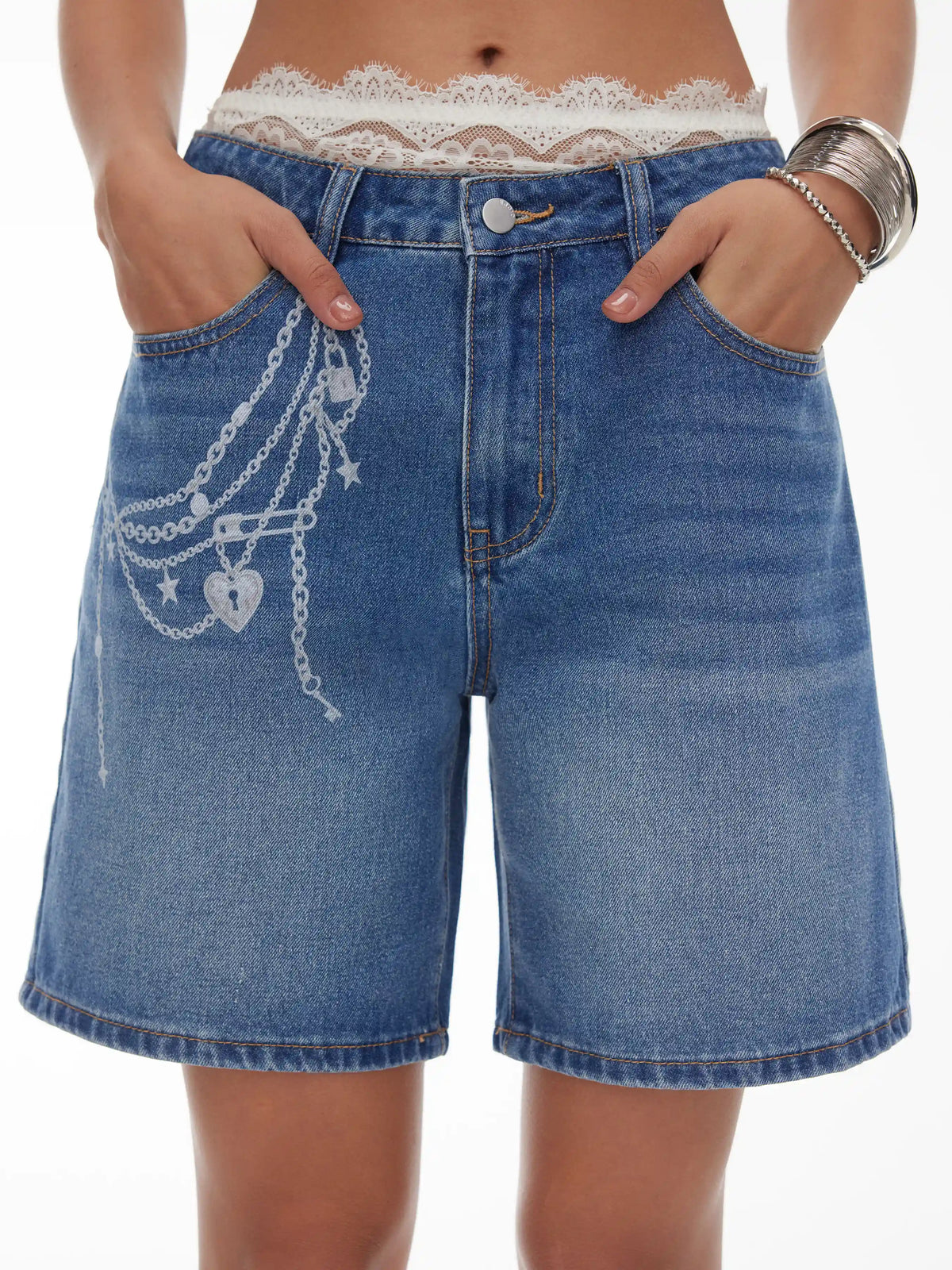Denim Low Rise Graphic Wide Leg Shorts