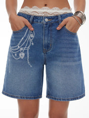 Denim Low Rise Graphic Wide Leg Shorts