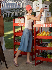 Washed Denim Mid Rise Strawberry Graphic Wide Leg Bermuda Shorts