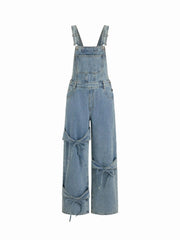Petite Washed Denim Bowknot Buckle Up Wide Leg Overall