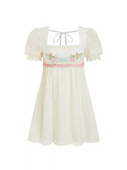 Textured Floral Embroidery Square Neck Puff Sleeve Milkmaid Mini Dress