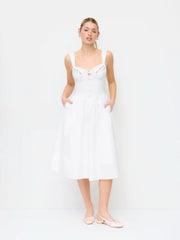 Cotton Sweetheart Floral Embroidery Lace Up Lace Trim Milkmaid Midi Dress