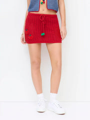 Crochet Knit Mid Rise Tomato Applique Bodycon Mini Skirt