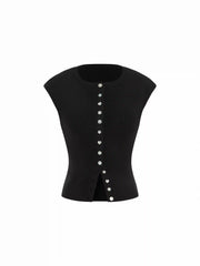 Knit Round Neck Button Front Top