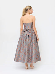 Jacquard Sculptural Floral Bandeau Lace Trim Bowknot A-line Maxi Dress
